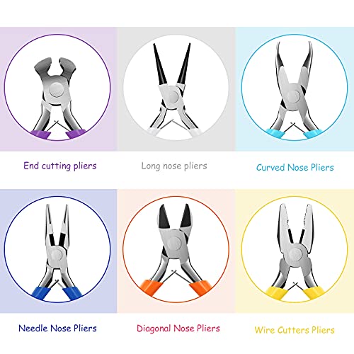 6 Pieces Jewelry Making Pliers Tools Set with Diagonal Nose Pliers, Needle Nose Pliers, Round Nose Pliers, Curved Nose Pliers, Long Nose Pliers, Flat Nose Pliers for DIY Jewelry Tools (Colorful)