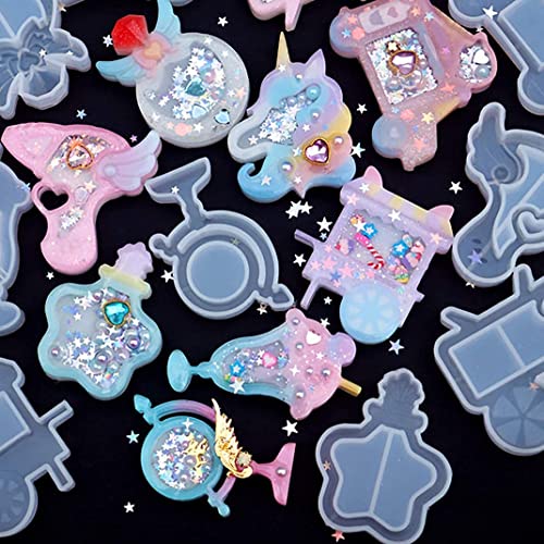 iSuperb 9 Pcs Resin Silicone Shaker Molds Quicksand Epoxy Resin Molds Crystal Molds Ice Cream Unicorn Wing Truck Shaped Keychain Molds Silicone Molds Casting Molds for DIY Jewelry Craft Gift