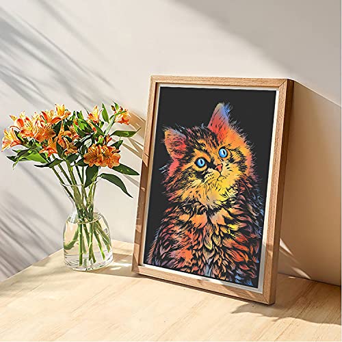 MIASTAR Scratch Art Animal Rainbow Painting Paper, Creative foil Scratch Art Toys Gift, Engraving Art & Craft Set, DIY Sketch Card Scratchboard for Kids & Adults - 16'' x 11.2'' with 3 Tools (Cat)