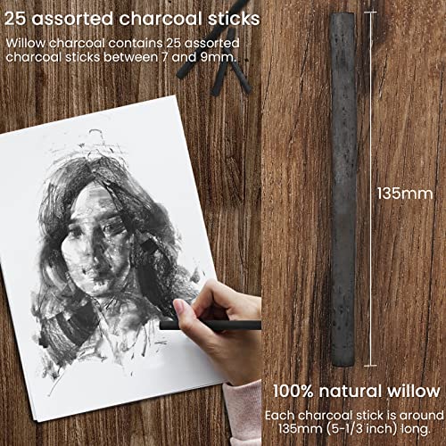 LOONENG Willow Charcoal Sticks, Natural Willow Charcoal for Artists, Beginners, or Students of All Skill Levels, Great for Sketching, Drawing, and Shading, Approx 4-5mm in Diameter, Pack of 25