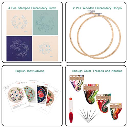 Embroidery Kit for Beginners,4 Pack Cross Stitch Kits, 2 Wooden Embroidery Hoops,Scissors,Needles and Color Threads,Needlepoint Kit for Adult