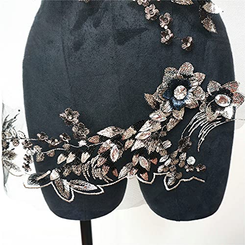 IXUEYU Fabric 3D Flowers Beads Patches Sequins Rhinestone Appliques Embroidery Lace Trims Mesh Sew On Patch for DIY Wedding Dress (Black)