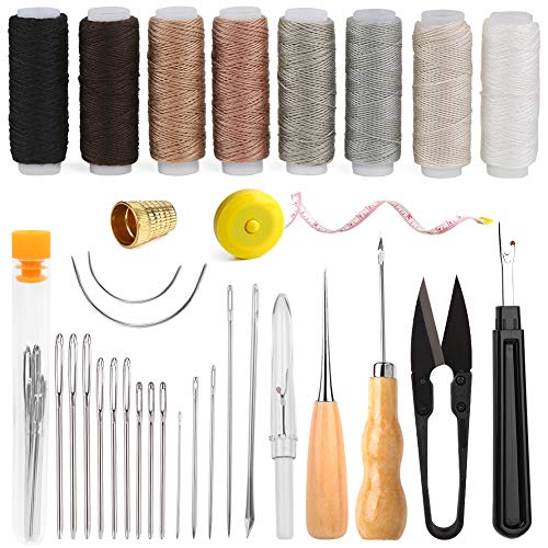 Leather Sewing Upholstery Repair Kit with Sewing Awl, Seam Ripper, Leather Hand Sewing Stitching Needles, Sewing Thread, Leather Craft Tool Kit for Beginners and Professionals Leather Craft DIY