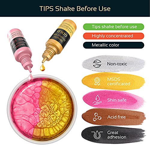 Wayin Metallic Alcohol Ink Set - 6 Color Metallic Alcohol Pigment Resin Dye, Concentrated Extreme Shimmer Alcohol-Based Inks for Epoxy Resin Yupo Tumbler Cups Acrylic Pouring Paint (15ml/.5 fl oz )