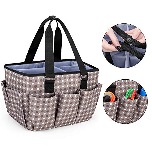 YARWO Sewing Accessories Organizer, Craft Storage Tote Bag with Pockets for Sewing Accessories and Craft Supplies, Gray Dots