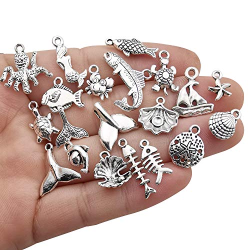 120g(100pcs) Antique Silver Sea Animals Marine Life Charms Pendants for Crafting, Jewelry Findings Making Accessory for DIY Necklace Bracelet (M292)