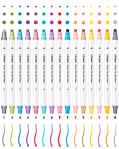 Ohuhu Dual Tip Dot Markers: 15 Colors Dot Marker Pens (Fine & Dot) for Kids Adults Water-Based Ink Metallic & Regular Colors Dot Pens for Journaling Scrapbooking DIY Highlighting Drawing Markers