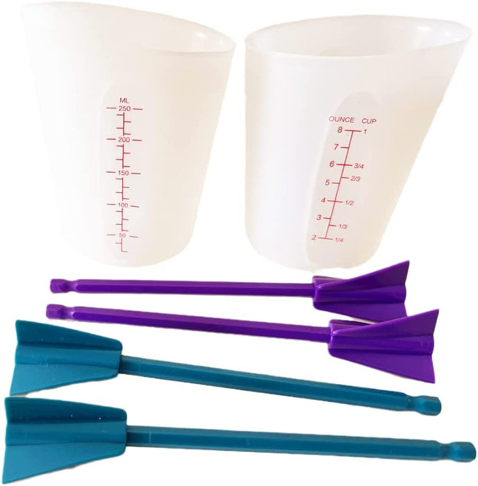 Silicone Resin Measuring Cups Tool Kit, 2PCS 250ml Measuring Cups for Epoxy Resin, 4pcs Resin Mixer Paddles Stir Sticks,Mixing Tools for Resin,Molds,Jewelry Making, Easy to Clean Purple+Teal