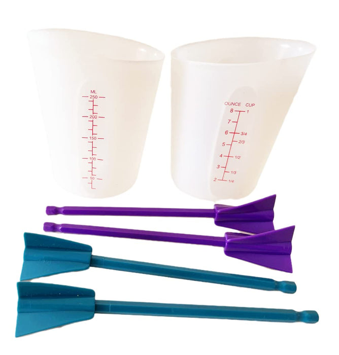 Silicone Resin Measuring Cups Tool Kit, 2PCS 250ml Measuring Cups for Epoxy Resin, 4pcs Resin Mixer Paddles Stir Sticks,Mixing Tools for Resin,Molds,Jewelry Making, Easy to Clean Purple+Teal