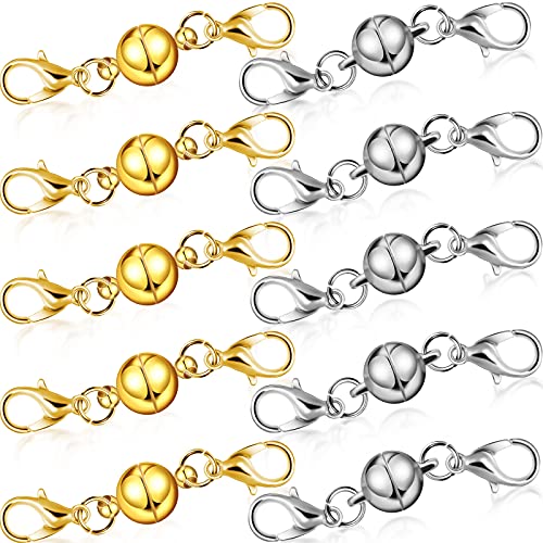 10 Pieces Locking Magnetic Jewelry Clasps Round Magnetic Lobster Clasps Locking Closures Bracelet Necklace Clasps Extender for Jewelry Bracelet Necklace Making, 0.3 Inch (Sliver and Gold)
