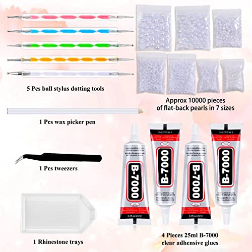 B-7000 Clear Rhinestone Glue and Flat Back Pearls for Craft, Shynek 4Pcs 25ML Crystal Jewelry Glue with 10000PCS AB White Pearl Rhinestones for Tumblers, Nails, Fabric, Crafts