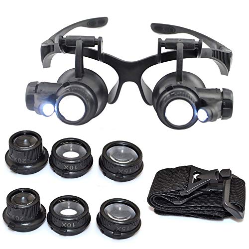 10X 15X 20X 25X Headband Magnifier Double Eyes Glass Jeweler Loupe with 2 LED Lights 8 Replaceable Lens for Jeweler Watch Repair