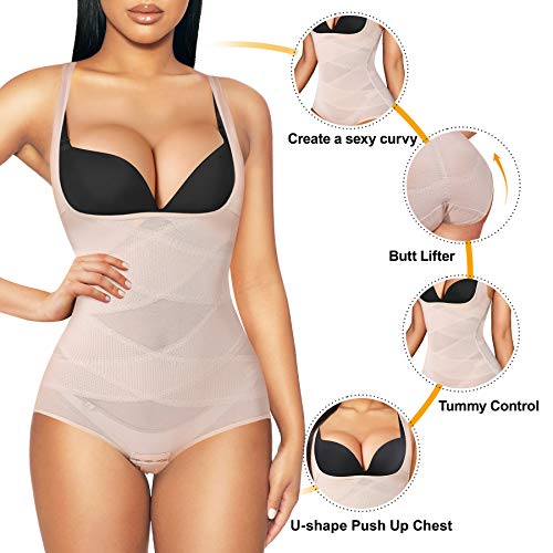 REYEOGO Shapewear Bodysuit for Women Tummy Control Butt Lifter Panty Hi-Waist Trainer Stomach Body Shaper Slimming Girdles (Beige, XX-Large)
