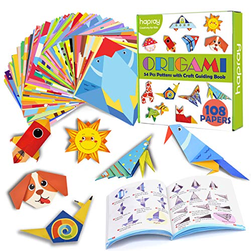 hapray Color Origami Paper for Kids, Origami Kit, 108 Sheets Double Sided Origami with 54 Projects, 55 Pages Guiding Origami Book, for Craft Lessons, Beginners, Christmas Children Gift