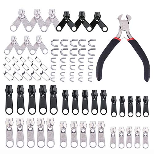 Zipper Replacement Zipper Repair Kit, 85 Pcs Pull Rescue Kit with ZipperInstall Pliers Tool and Zipper Extension Pulls for Clothing,Bags,Jackets, Tents,Luggage,Backpack (Sliver and Black
