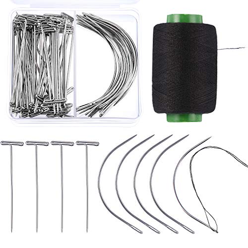 Boao 70 Pieces Wig Making Pins Needles Set, Wig T Pins and C Curved Needles with 328 Yard Thread for Wig Making, Blocking Knitting, Modelling and Crafts