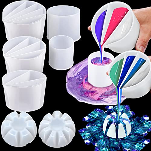 7 Pcs Paint Pour Cup Bundle 3 Pcs Acrylic Paint Pouring Cup Multi Channel Split Cup for Paint Pouring 2 Pcs Large Open Cup 2pcs Flower Pour Cup for DIY Making Resin Acrylic Paint, White