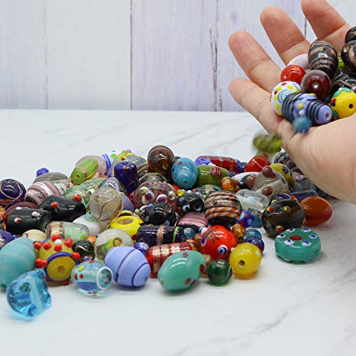 Fun-Weevz Assorted Glass Beads for Jewelry Making Adults, Bulk Glass Beads for Crafts, Lampwork Murano Bead Mix for Bracelets and Necklaces,Crafting Beads Supplies Kit, Large & Small Beads