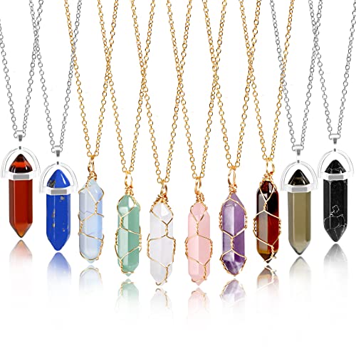 Hexagonal Crystal Pointed Quartz Pendants, 10 PCS Healing Amethyst Crystal Clear Necklace Charms Jewelry Making with Tree Wire Wrapped Artificial Gemstone Quartz Stones for Women Girls Friends