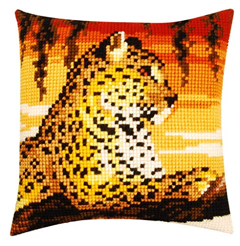 Vervaco Cross Stitch Embroidery Kits Pillow Front for Self-Embroidery with Embroidery Pattern on 100% Cotton and Embroidery Thread, 15,75 x 15,75 Inches - 40 x 40 cm, Leopard