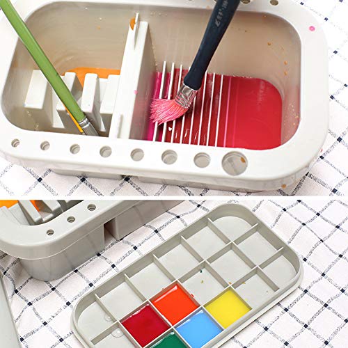 Multi-Use Paint Brush Basin with Brushes Holder,Paint Brush Cleaner,Paint Brush Holder and Organizers with Palette for Watercolor,Oil Painting