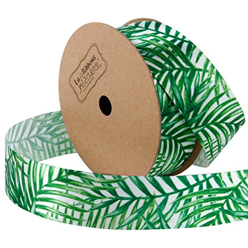 LaRibbons 25mm Wide Satin Cutout Edge Fabric-9 Meter/Spool (Palm Leaf) Summer Printed Ribbons