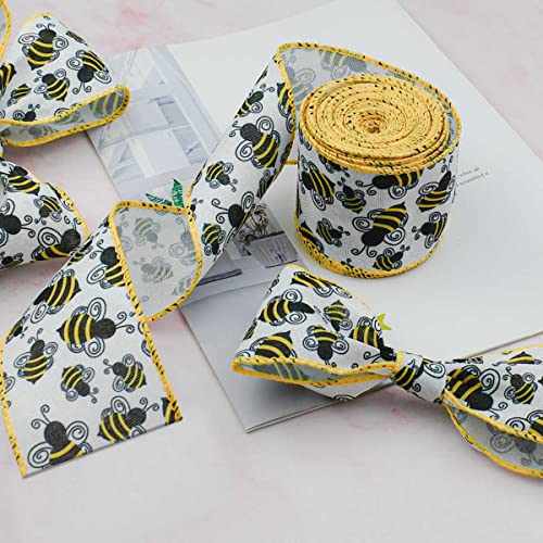 10 Yards Bee Wired Edge Ribbon Bumble Bee Burlap Ribbon Polyester Fabric Summer Bee Decorative Ribbons for Gift Wrapping DIY Craft Party Decoration Hair Bows All Crafting and Sewing (2.5 Inch)