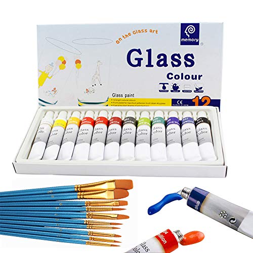 JINZLO Stain Waterproof Acrylic Glass Paint, Translucent Colors Paint With Brush