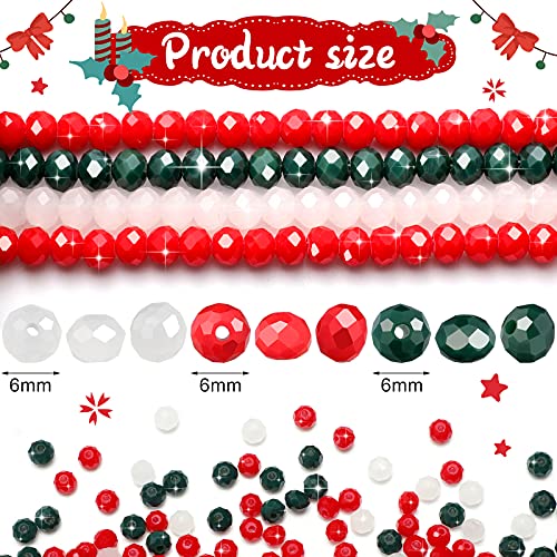 15 Strands Christmas Crystal Beads Kit 6 mm Faceted Glass Beads Red Green White Spacer Beads Crystal Jewelry Kit Briolette Rondelle Beads for Christmas Bracelets Jewelry Making