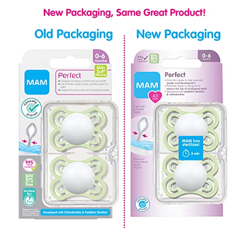 MAM Perfect Night Baby Pacifier, Patented Nipple, Glows in the Dark, 0-6 Months, Boy, 2 Count (Pack of 1)