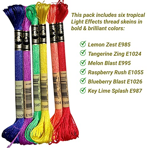 DMC Light Effects Embroidery Floss, DMC Thread Pack. 6 Holiday, 6 Tropical,6 Fluoresence Glow in The Dark String,Christmas Metallic Cross Stitch Threads,Neon Yarn, DMC Light Effect Bright Color