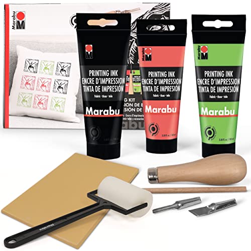 Marabu Block Printing Kit - Linocut Kit with 3 x 100ml Block Printing Ink, Cutter, Rubber Block, and Block Printing Brayer Roller - Linoleum Printmaking Kit, Block Printing Starter Kit - 6pc Set