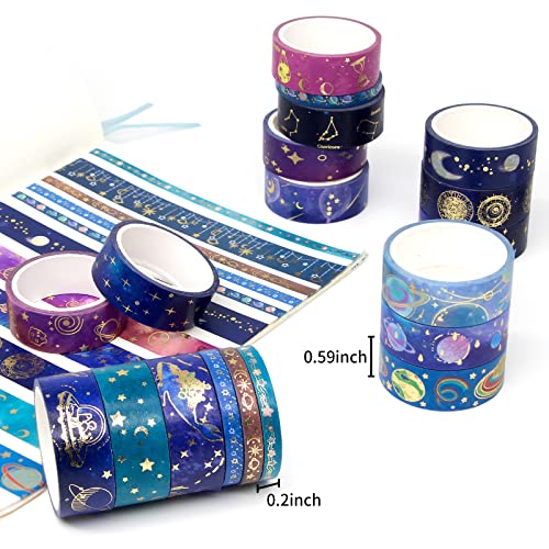 24 Rolls Washi Tape Set - Gold Foil Galaxy Decorative Masking Tape Constellation, Stars, Celestial, Adhesive Tape for Bullet Journal, Diy Craft, Scrapbooking Supplies, Gift Wrapping, Party decoration