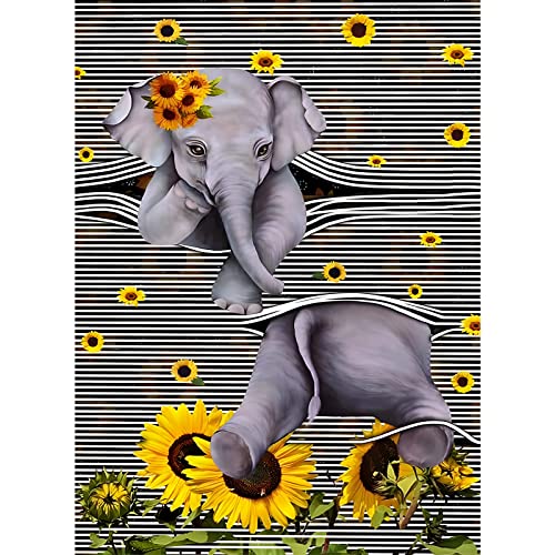 MXJSUA Elephant Diamond Painting Kits, 5D DIY Full Round Drill Elephant Diamond Art Painting Kits for Adults, Sunflower Diamond Dots Bead Art Diamond Painting Kits for Beginners and Teens 12x16 inch