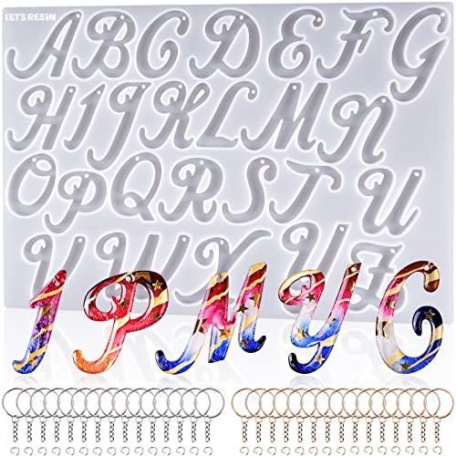 LET'S RESIN Large Alphabet Mold for Resin, Reversed Resin Keychain Letter Molds with Hole, Alphabet Resin Molds Silicone with 30 Jump Rings, 30 Key Rings, Epoxy Molds for Keychain Making(15.3"X8.9")