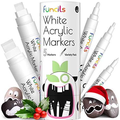 Funcils 5 Acrylic White Paint Pens - Fine & Jumbo Size Ink Pens (1mm, 3mm, 6mm, 10mm, 15mm) - Permanent White Marker Ink for Rock Painting, Fabric, Tire, Metal, Wood, Canvas, Glass, Plastic, Ceramic
