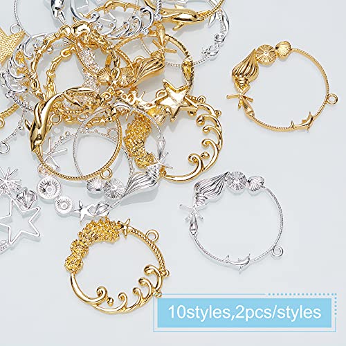 OLYCRAFT 65pcs Ocean Theme Open Back Bezel Pendants Kit Golden and Sliver Open Bezel Charms with Chain Tape Zinc Alloy Frame Pendants Hollow Resin Frames with Loop for Resin Jewelry Making - 10 Styles