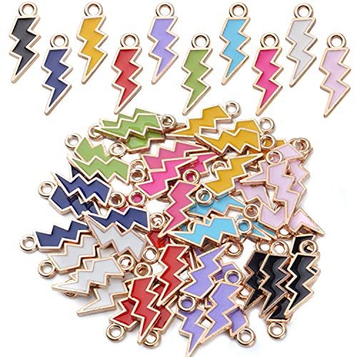 BronaGrand 50pcs Enamel Lightning Bolt Charm Pendants Gold Plated Alloy Flash Lightning Charm Celestial Dangle Charms for Bracelet Necklace Earrings DIY Jewelry Making Supplies,10 Colors