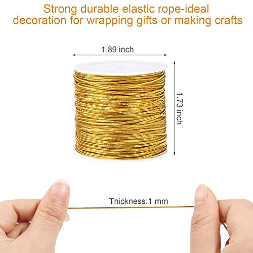 2 Rolls Metallic Elastic Cords Stretch Cord Ribbon Metallic Tinsel Cord Rope for Craft Making Gift Wrapping, 1 mm 55 Yards (Gold)