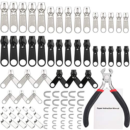 85 Pieces Zipper Repair Kit Zipper Replacement with Instruction Manual and Zipper Install Pliers Tool, Black and Silver