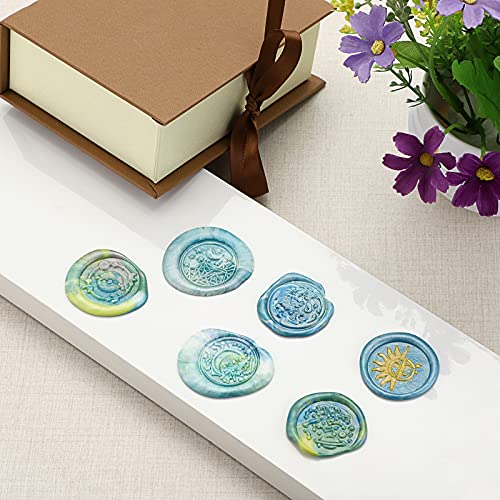OwnMy 6PCS Wax Seal Stamp Set with Wooden Handle - Star Moon Sun Wax Stamp Heads Mountain Sun Planet Dipper Sealing Wax Stamp Patterns, Vintage Wax Seal Stamp Kit for Invitation Envelopes Letters Gift