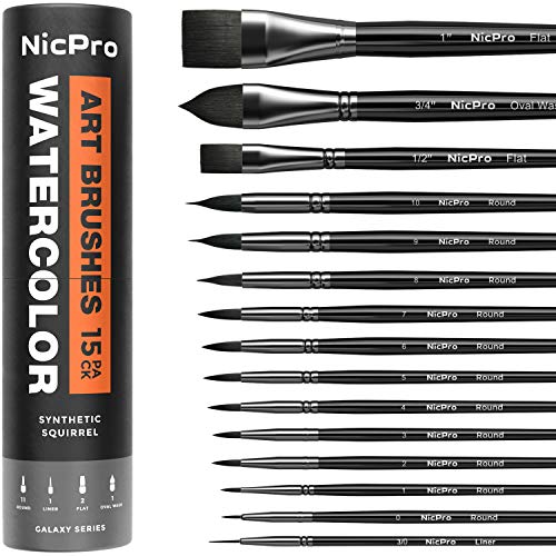 Nicpro 15 PCS Professional Watercolor Paint Brush Set, Artist Soft Synthetic Fine Squirrel Paint Brushes - Round Tip, Flats, Dagger, Oval Wash for Adult Detail, Water Color, Gouache - Come with Holder