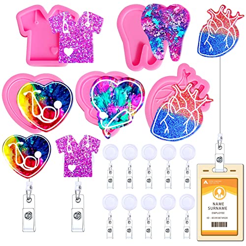 Resin Molds Badge Reels, BABORUI 5Pcs Doctor Theme Badge Reel Silicone Molds for Epoxy Resin with 10Pcs Retractable ID Clips, DIY Resin Casting Molds for Nurse, Doctor Gifts