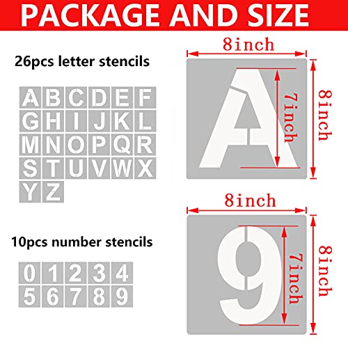 YEAJON 8 Inch Letter Stencils and Numbers, 36 Pcs Alphabet Craft Stencils, Reusable Plastic Stencils for Painting on Wood, Wall, Fabric, Rock, Chalkboard, Signage, DIY School Art Projects