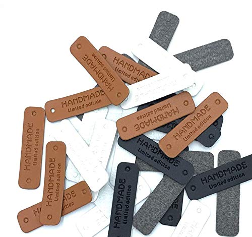 EvaGO 30 Pieces PU Leather Handmade Tag Label Handmade Tags Button Embossed Tag for Jewelry Making Crafts, Sewing Clothing Decoration(3 Color)