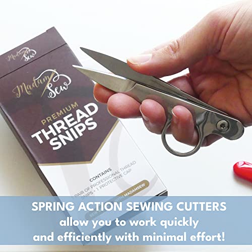 Madam Sew Thread Snips for Sewing – Spring Action Thread Cutter Tool with Razor-Sharp Stainless-Steel Blades for Quilting, Embroidery, Dressmaking – Light, Ergonomic Thread Scissors with Blade Cap