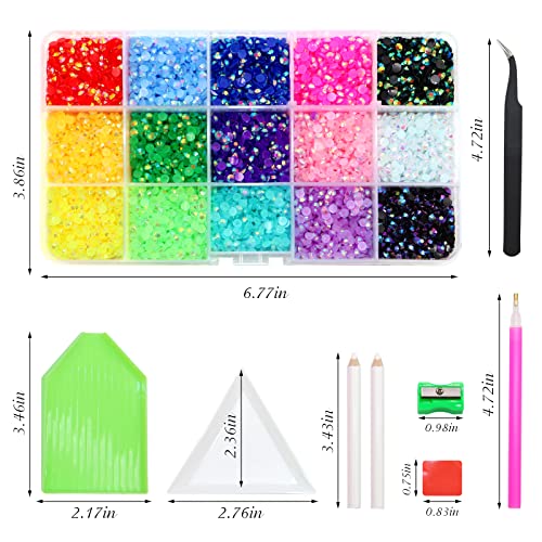9000pcs Flatback Rhinestones, ZYNERY 15 Mixed Color Flat Back Gems Round Shape Crystals Rhinestones for Crafts Nail Face Art Shoes Diamond Painting with Storage Box/Tweezers/Drill Pen (4mm)