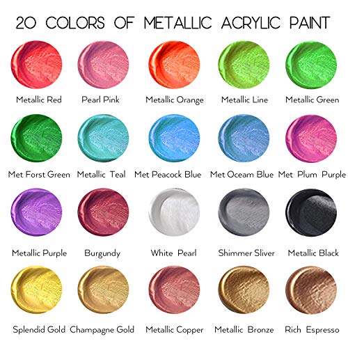 Metallic Acrylic Paint Set of Premium 20 Colors，Professional Grade Metallic Paints with Bottles (2fl oz 60ml), Rich Pigments of Non Fading and Toxic Paints for Artist Hobby Painters Kids