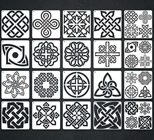 20PCS Celtic Stencils, Celtic Triquetra Knot Stencil, 6 X 6 Inch Reusable Mylar Stencil for Crafts and Decorations, Viking Stencil for Painting On Wood, Canvas, Fabric, Floor, Wall, and Tile