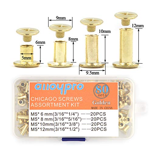 80 Sets Chicago Screws Assorted Kit 4 Sizes Golden Leather Rivets 1/4 5/16 3/8 1/2 Screw Rivets Slotted Phillip Head Book Binding Posts Nail Rivet Chicago Bolts for DIY Leather Craft Bookbinding